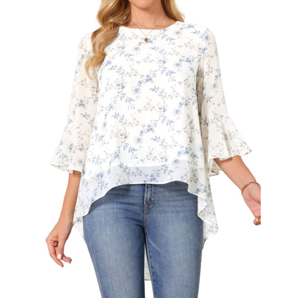 Women's High Low Floral Tops Summer Shirt  3/4 Sleeve Chiffon Blouse White